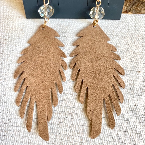 Leather Feather Drop Earrings - Picture 2 of 3
